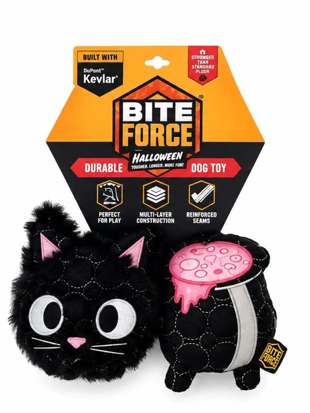 NEW - Bite Force Halloween 2PC Dog Toys Black Cat Cauldron Kevlar Durable Plush